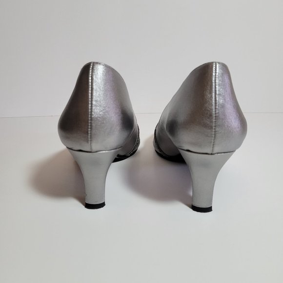 CAPARROS DRESS ELIZA PEWTER SILVER PEEP-TOE RHINESTONE HEELS SHOES PUMPS 9 - Picture 5 of 7